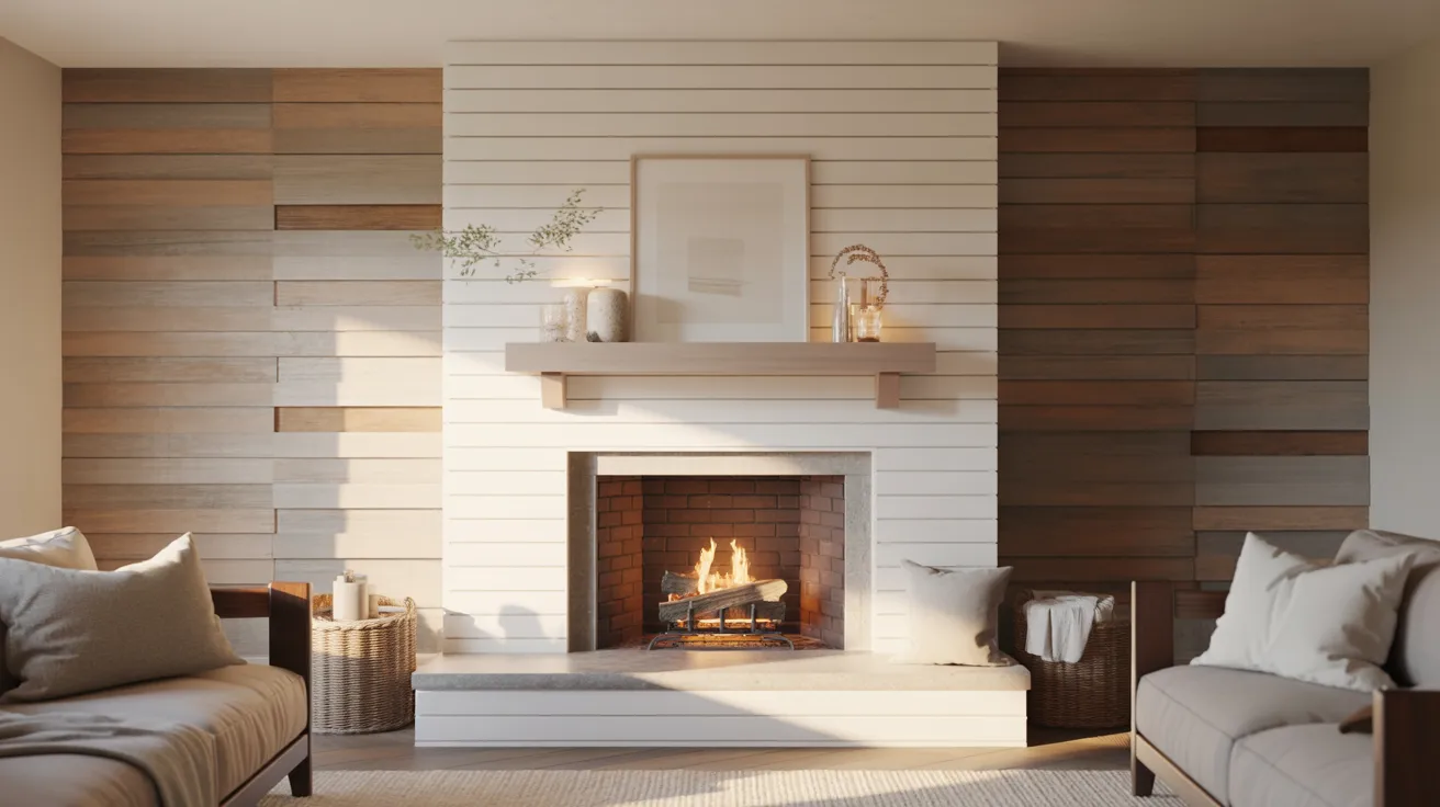 A cozy living room features a lit fireplace with a white shiplap surround, flanked by wooden panel walls. Soft, neutral-toned couches enhance the warm ambiance.
