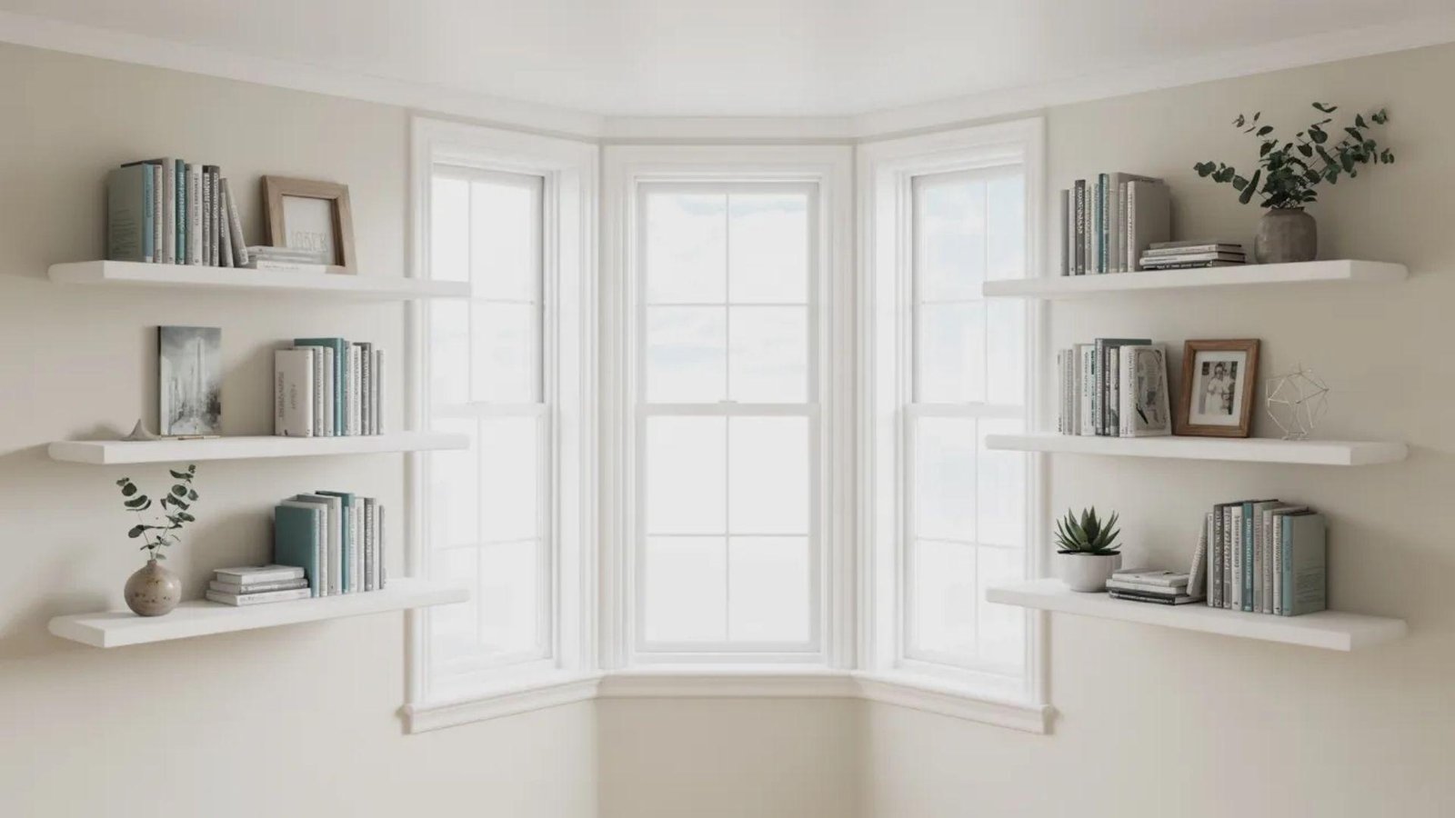 Bright room corner with six white floating shelves holding various books, vases, and plants. Large windows let in natural light, creating a serene ambiance.