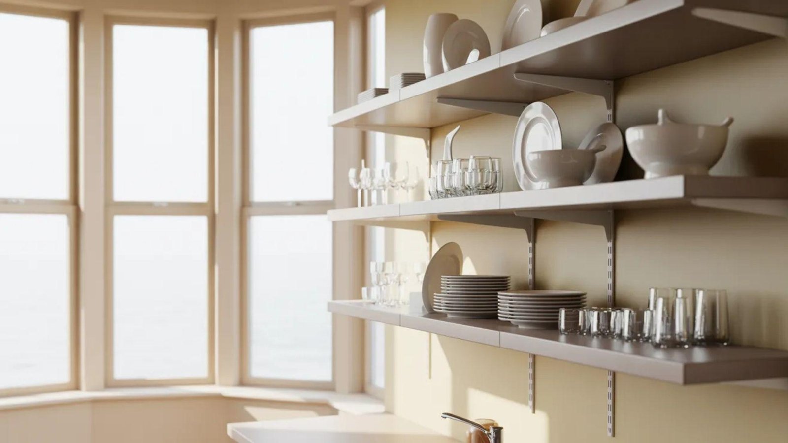 Sunlit kitchen corner with three wall-mounted shelves holding neatly arranged white dishes and glassware. Large windows enhance a serene, tidy ambiance.