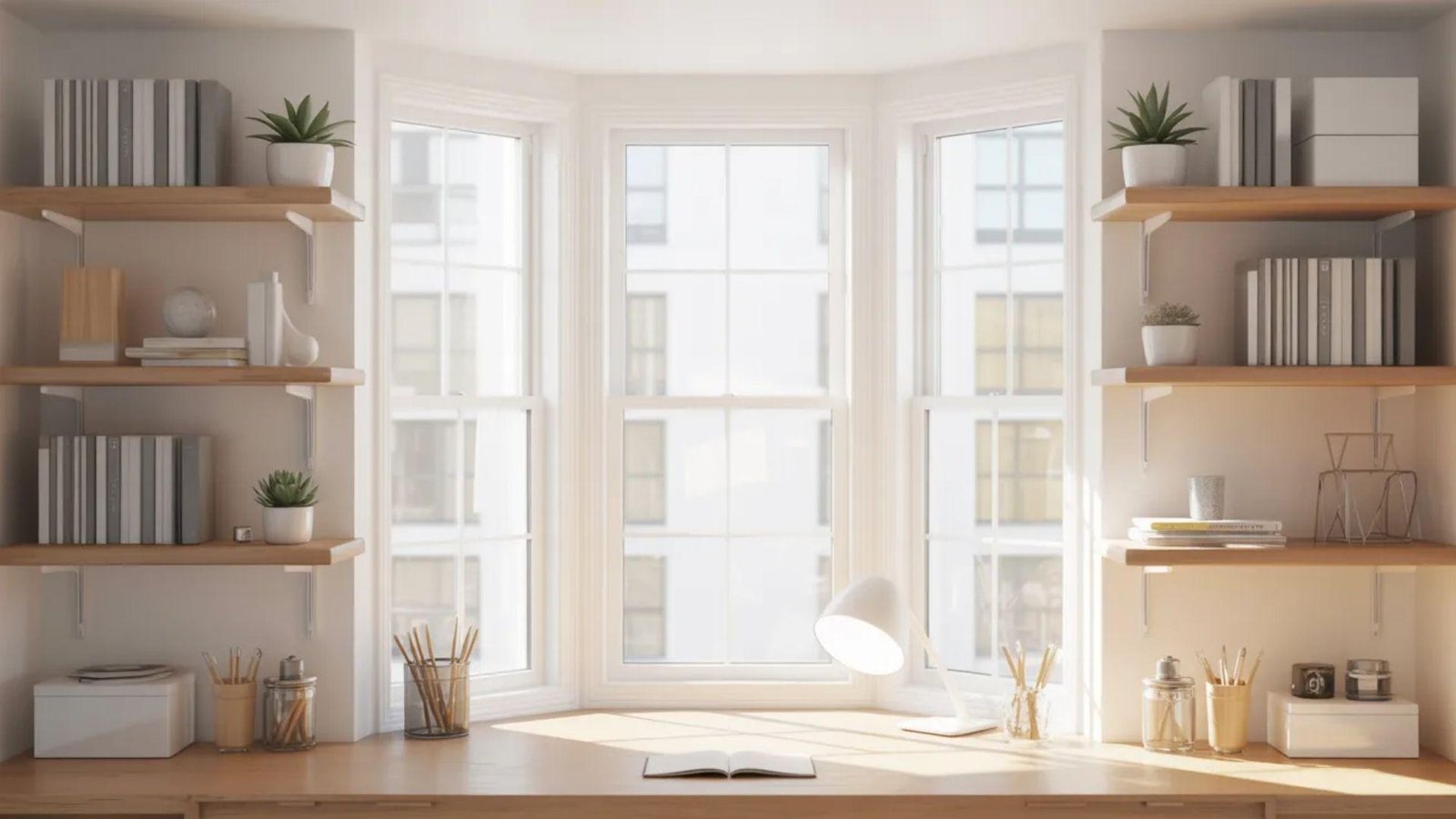 A bright, minimalist home office with a large bay window, wooden desk, shelves with books and plants, and a white lamp. The scene is calm and inviting.
