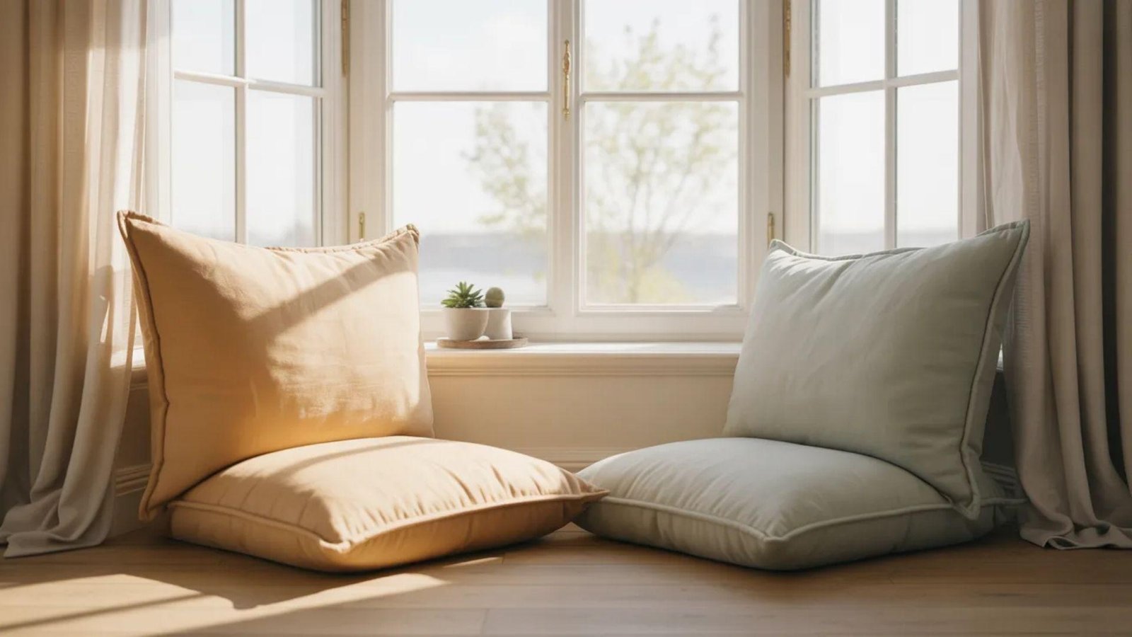 Two large pillows, one beige and one light green, are placed on a sunlit wooden floor by a window. A small plant sits on the ledge, creating a serene, cozy atmosphere.