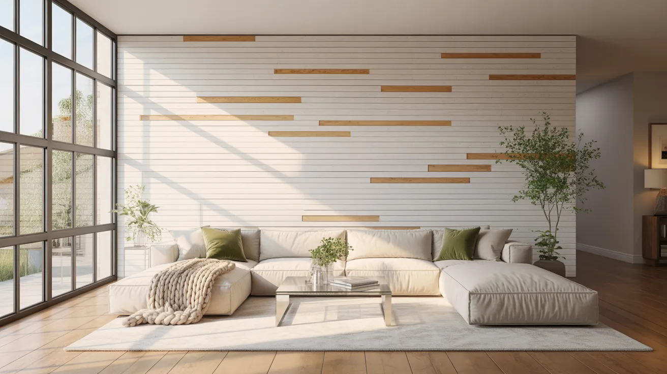 A modern living room with a large beige sectional sofa, green cushions, and a knitted throw. Sunlight streams through floor-to-ceiling windows onto a wooden floor. A minimalist coffee table and potted plants add warmth to the space, enhancing the cozy atmosphere.