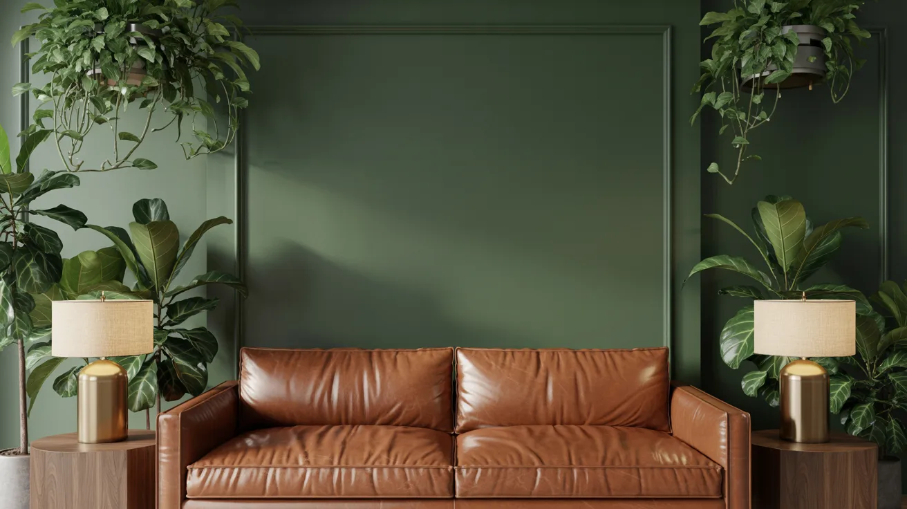 A brown leather sofa sits against a dark green wall, flanked by wooden side tables with lamps. Lush green plants hang above and surround the sofa, creating a cozy, natural ambiance.