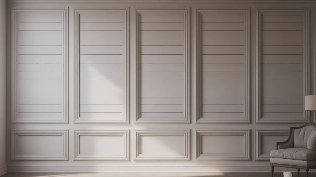 A room with elegant white paneled walls and soft lighting. A cushioned chair and floor lamp are partially visible, creating a calm, sophisticated atmosphere.