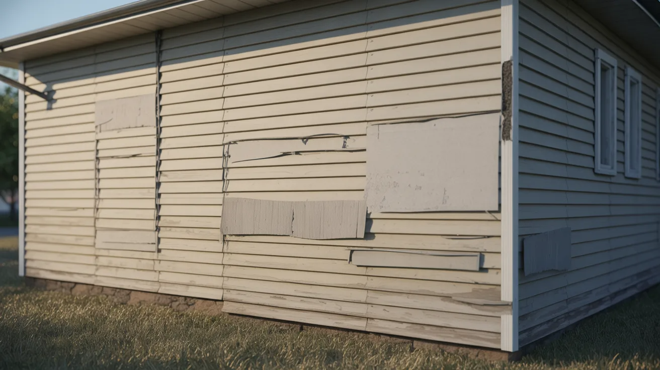 The image shows the side of a weathered house with peeling, beige siding and patches. The scene suggests neglect, with an overall worn and aged appearance.