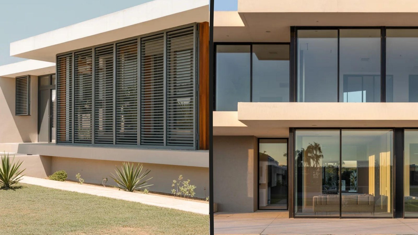 Two images of a contemporary house featuring large glass windows, showcasing modern architectural design.