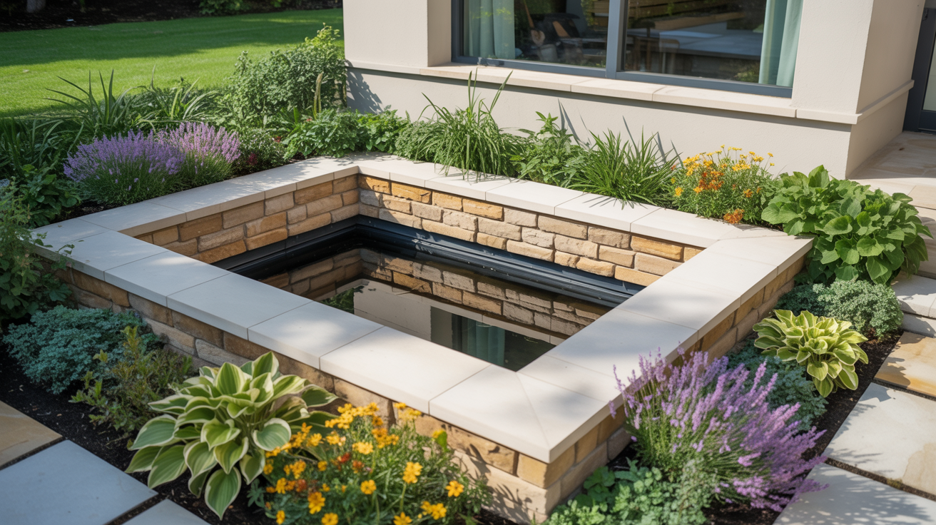 A tranquil garden scene featuring a square water feature surrounded by brick and lush plants. Purple, yellow, and green foliage adds vibrant color.