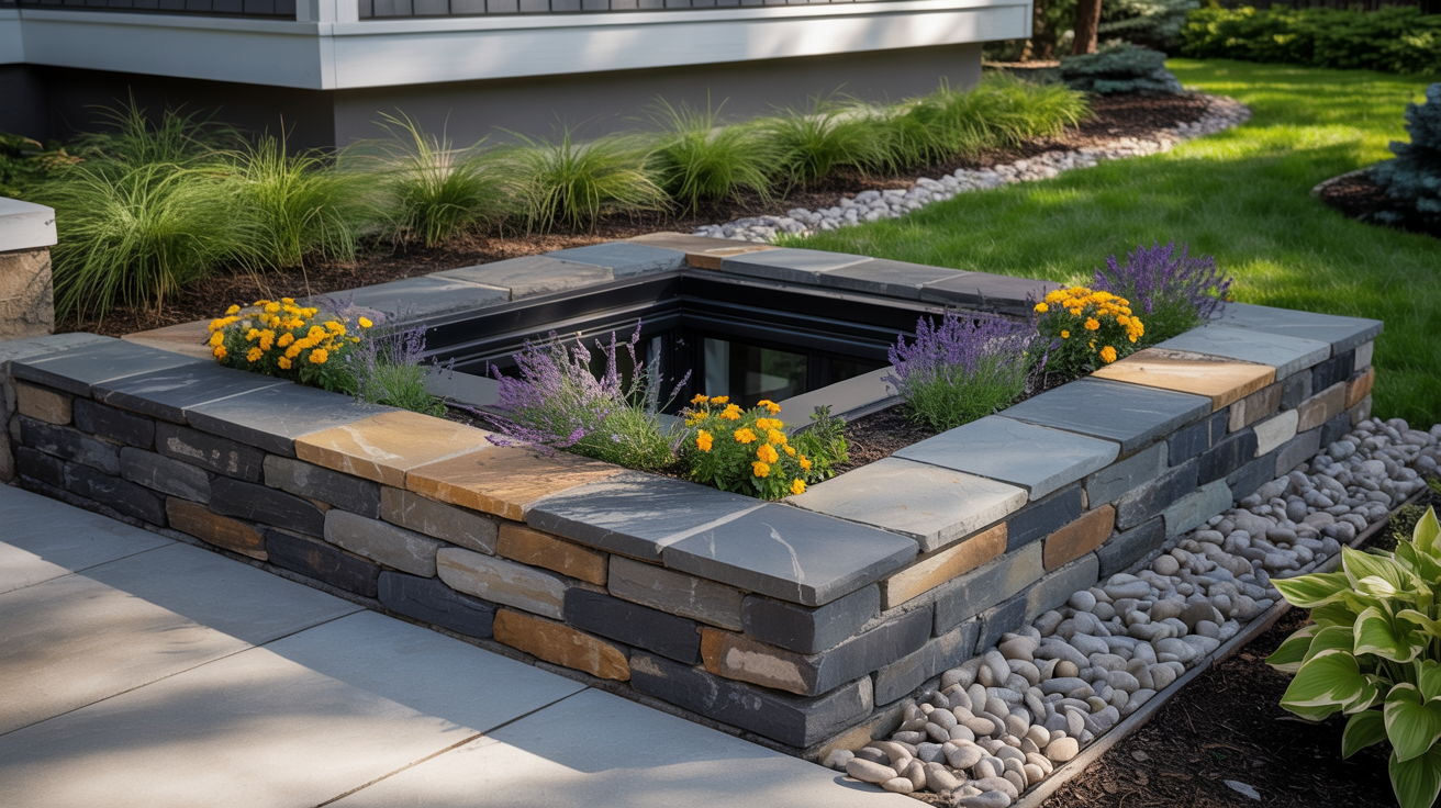 Stone window well in a garden, bordered by marigolds and lavender. Surrounding greenery and pebble landscape enhance a peaceful, natural setting.