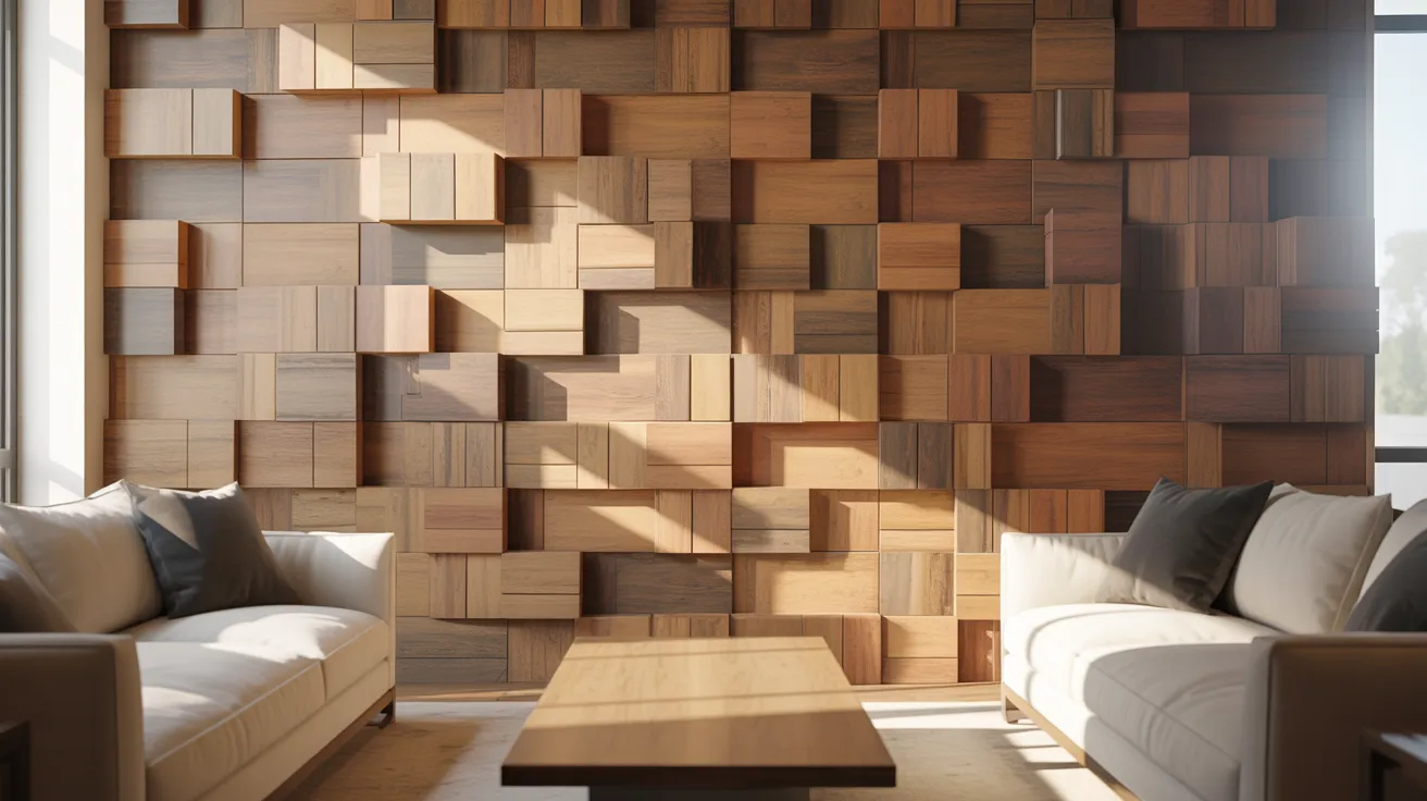 Modern living room with a stylish 3D wood panel accent wall, two beige sofas with dark cushions, and a central wooden coffee table. Sunlight filters in, creating a warm, inviting ambiance.