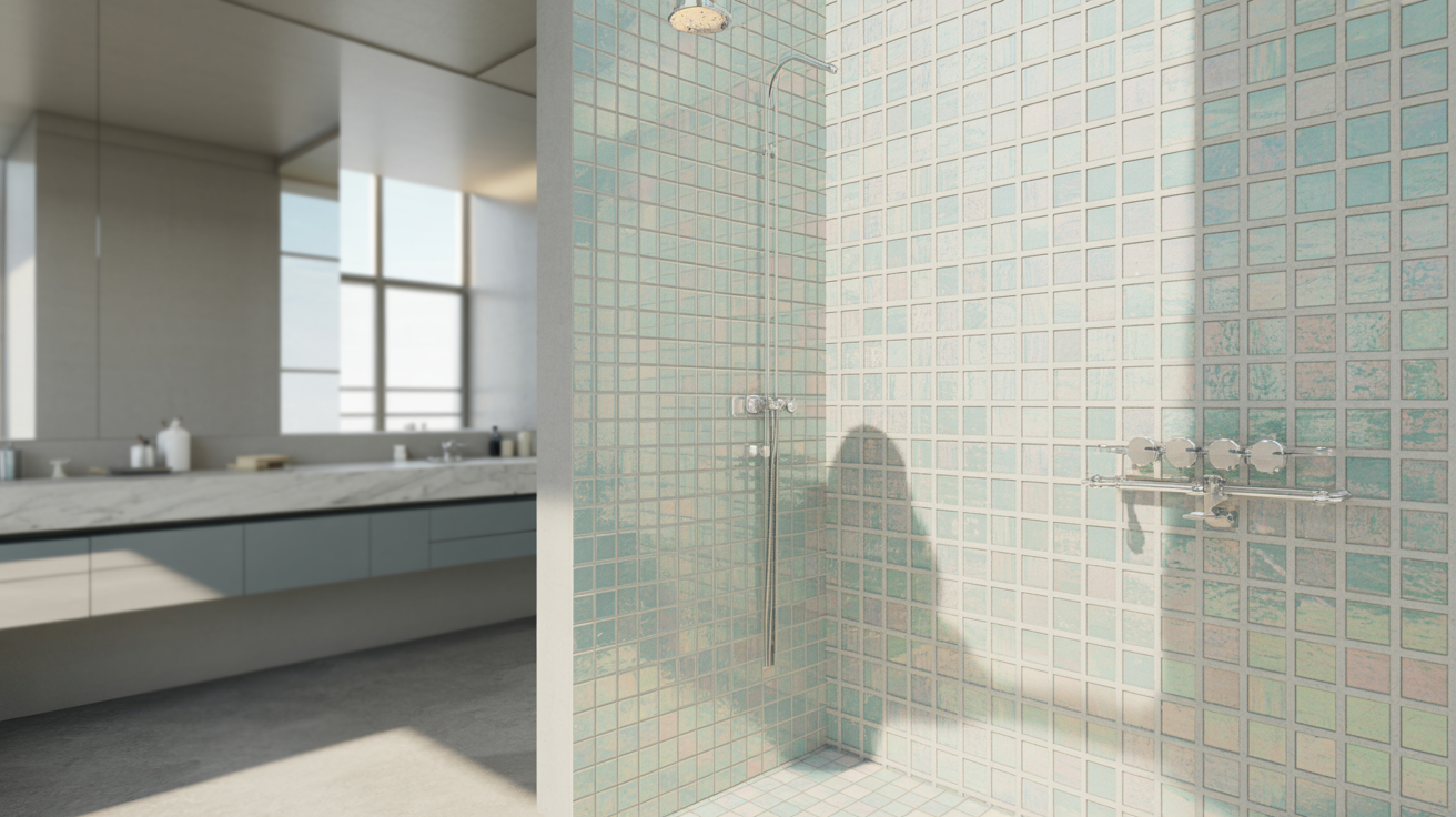 A sunlit bathroom features a glass-walled shower with light blue mosaic tiles, silver fixtures, and an adjacent marble-countered vanity, creating a serene and modern look.