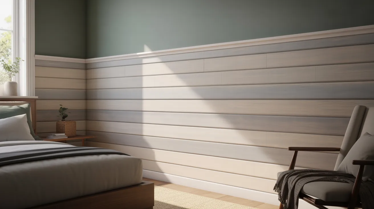 Sunlit minimalist bedroom with pastel green walls and white wainscoting. A cozy bed and chair add warmth, creating a serene, inviting atmosphere.