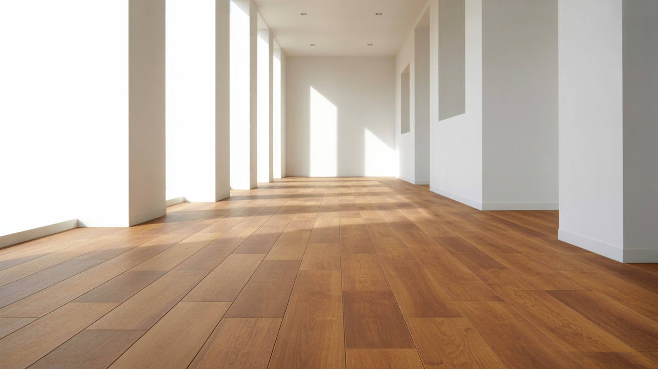 Spacious, sunlit room with polished wooden floors and white walls. Large windows on the left allow natural light to create a warm, inviting ambiance.