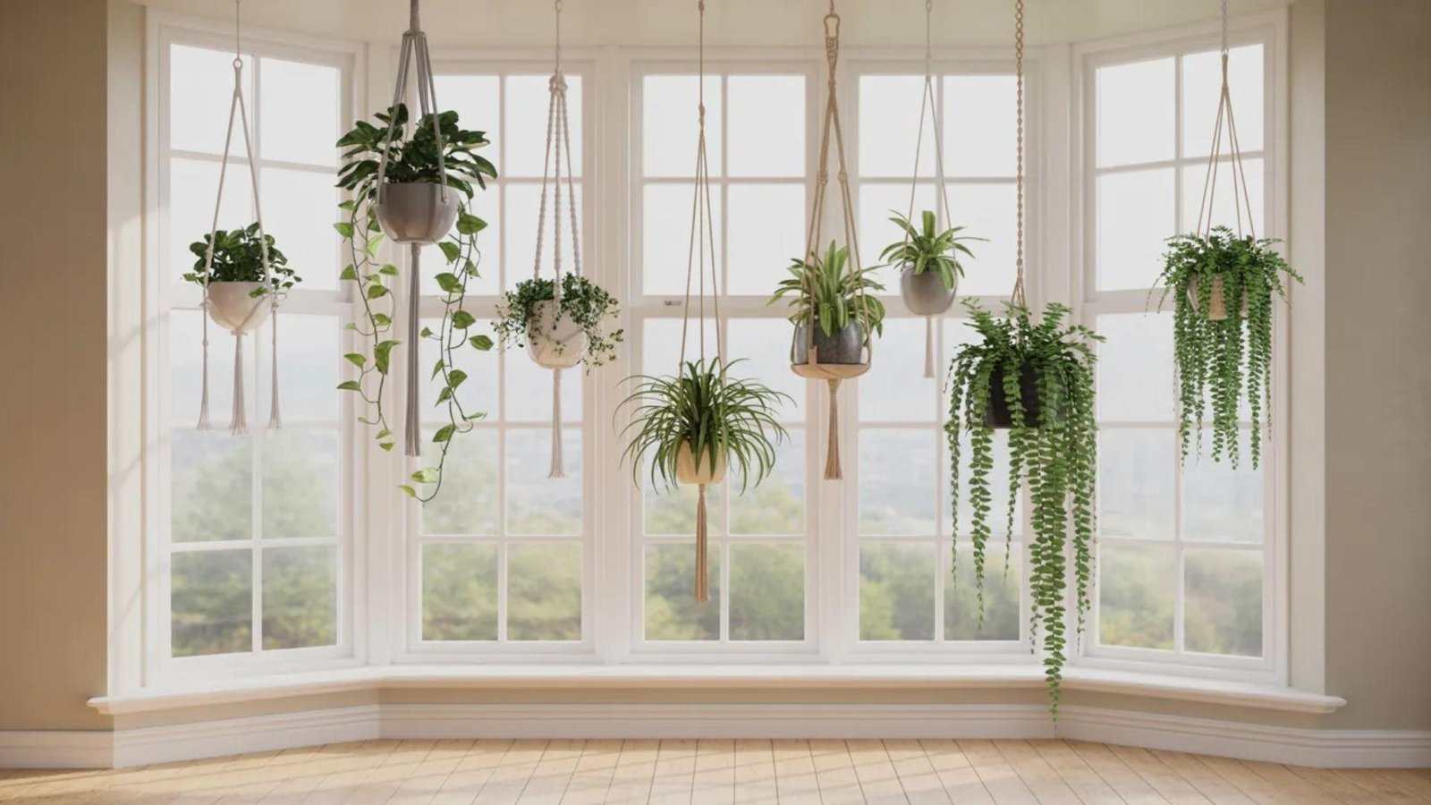Hanging plants in macrame holders adorn a bright, panoramic window, with sunlight filtering through. The scene feels serene and natural.