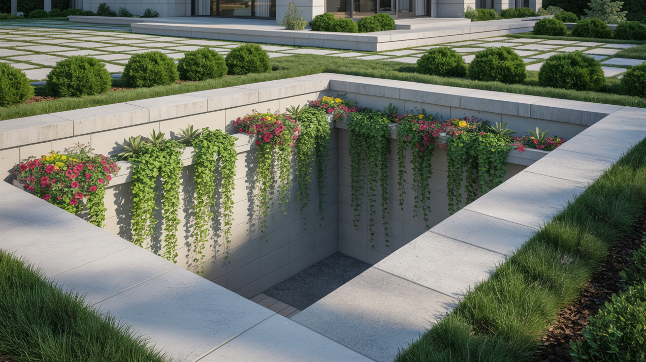 Modern garden with a rectangular sunken area, bordered by lush greenery and vibrant flowers cascading down the walls, creating a serene atmosphere.