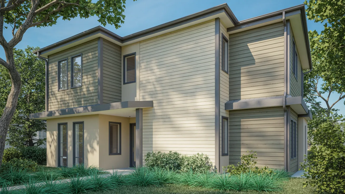 Modern two-story house surrounded by lush greenery and trees under a clear blue sky. Beige siding and large windows give a welcoming, serene feel.