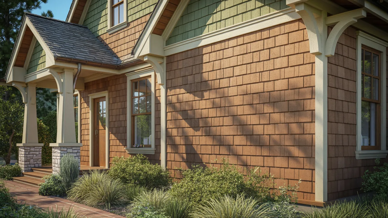 Cozy house exterior with wooden shingles and green siding. Welcoming porch, trimmed hedges, and sunlight casting soft shadows, evoking warmth.