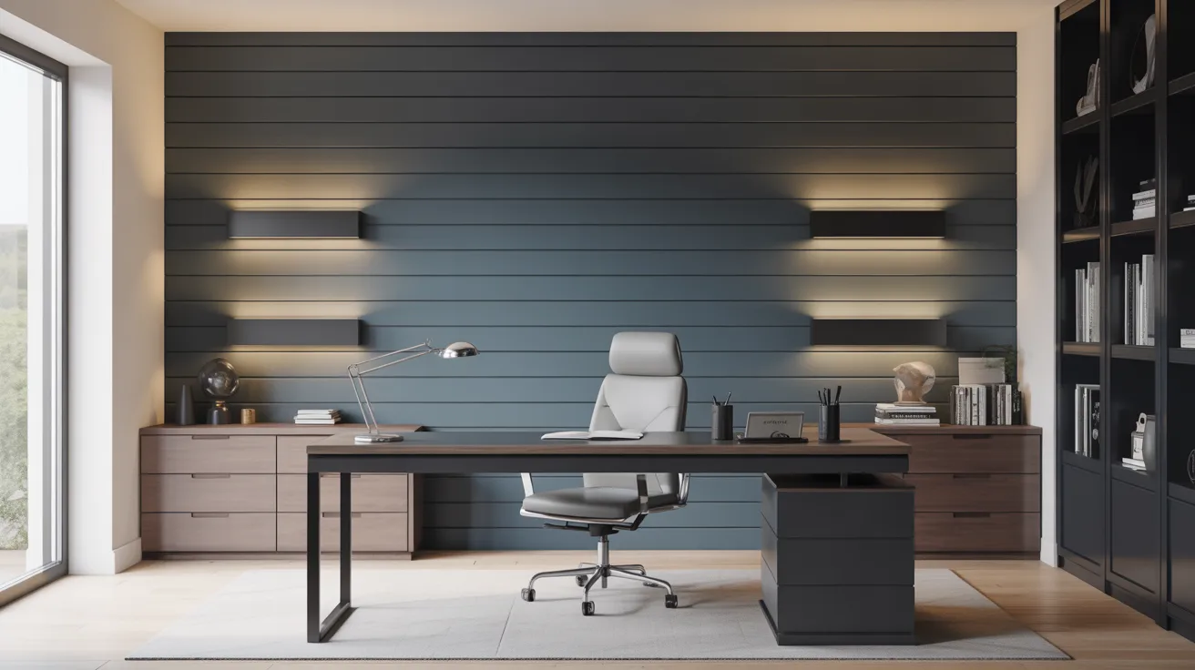 Modern home office with a sleek black desk and gray swivel chair, flanked by wooden cabinets. Backdrop features dark shiplap walls with minimalist lighting.