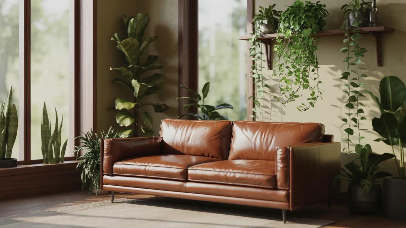 A sunlit living room with a brown leather sofa surrounded by lush green plants. Large windows provide a view of nature, creating a serene and inviting atmosphere.