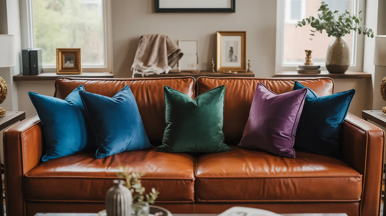 A cozy living room features a brown leather sofa adorned with vibrant velvet pillows in blue, green, and purple. Soft light filters through two windows.