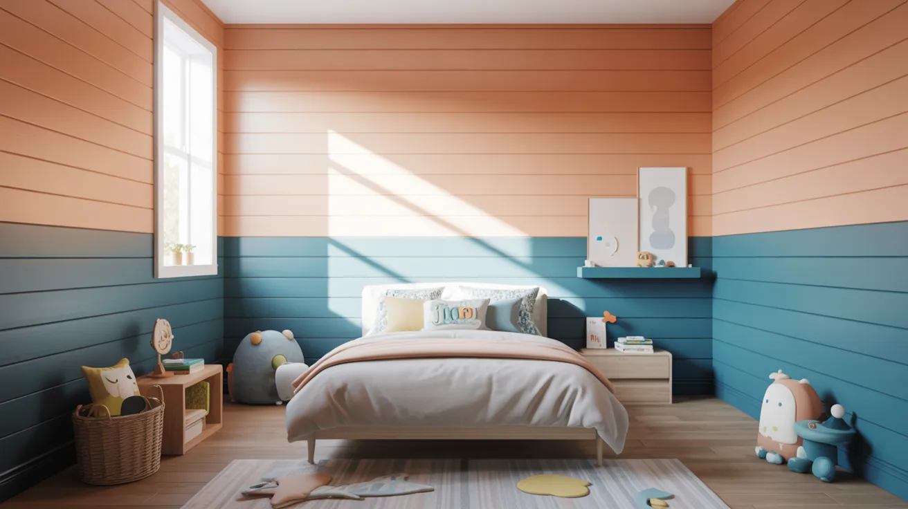 A cozy children's bedroom with peach and teal walls, a sunlit bed with playful pillows, wooden floors, and toys scattered around, creating a cheerful ambiance.