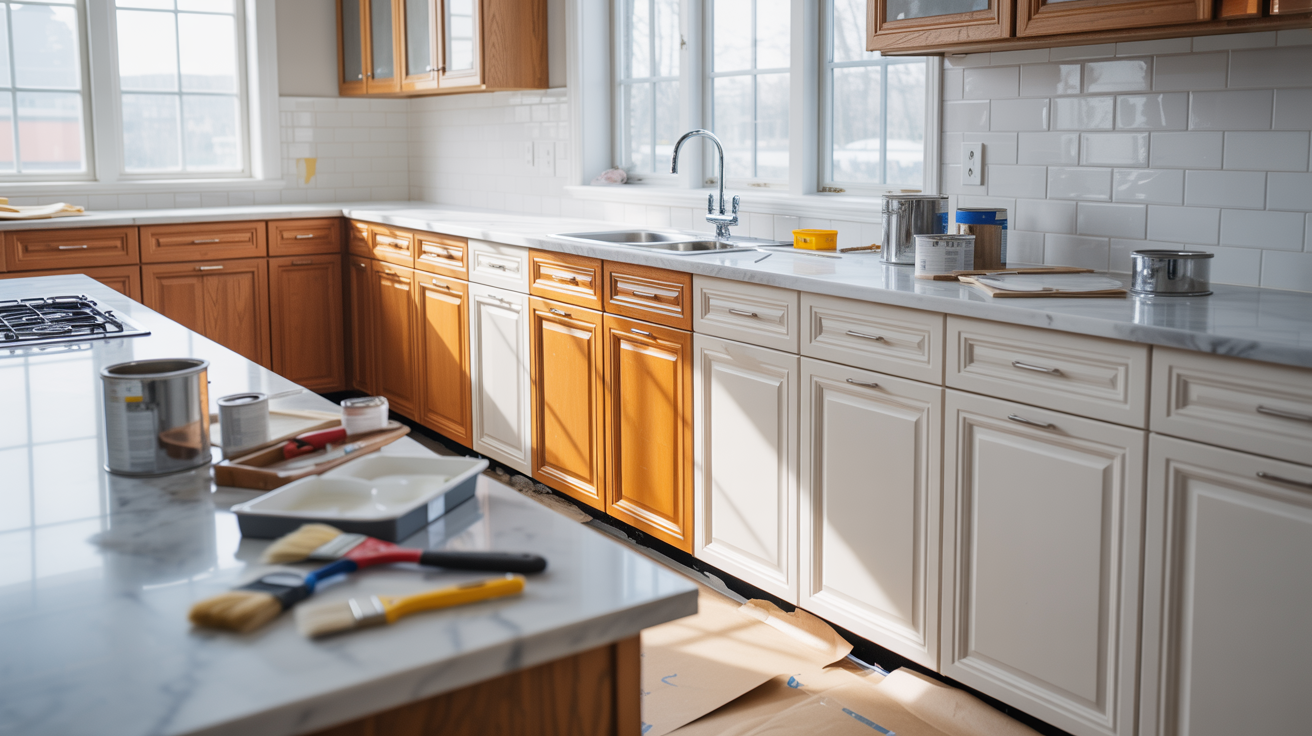 Sunlit kitchen with half-painted cabinets showing wood and cream colors. Paint cans and brushes are on the marble counters, conveying an in-progress renovation.