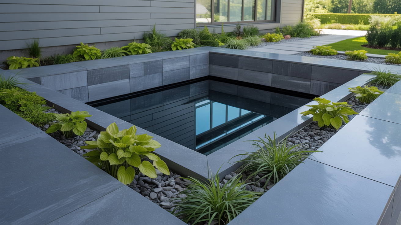 Modern outdoor water feature with sleek stone tiles surrounds a reflective pool. Lush green plants accent the space, creating a serene atmosphere.
