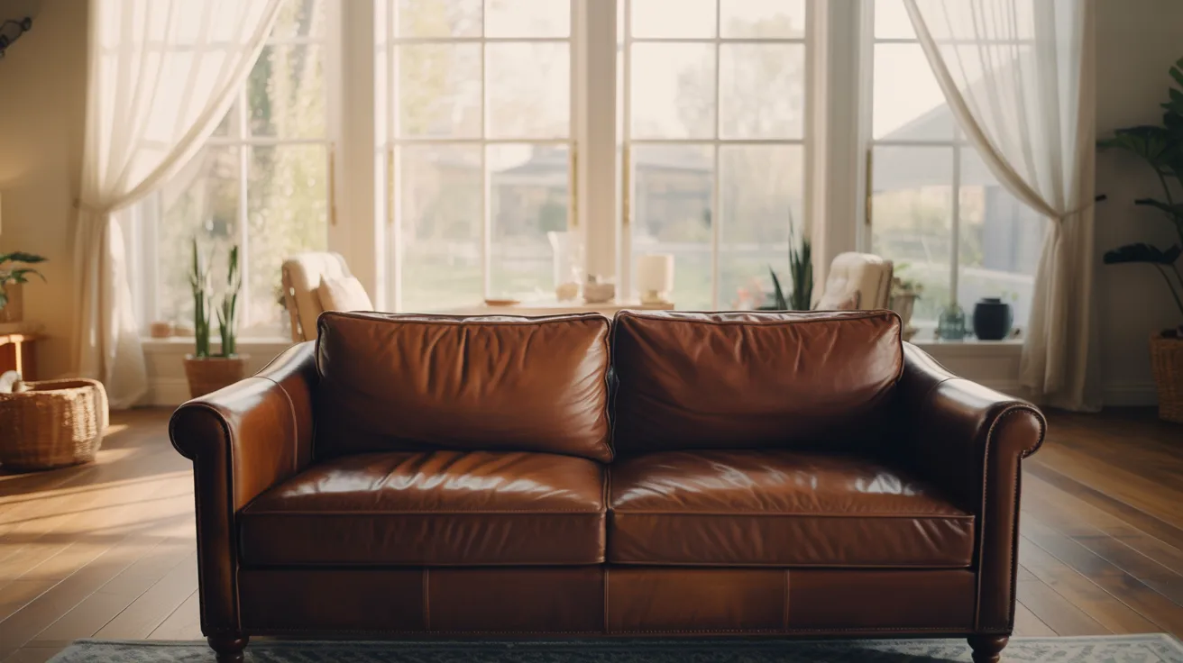A cozy living room features a brown leather sofa centered on wooden flooring. Sunlight streams through large windows, highlighting potted plants and white curtains.