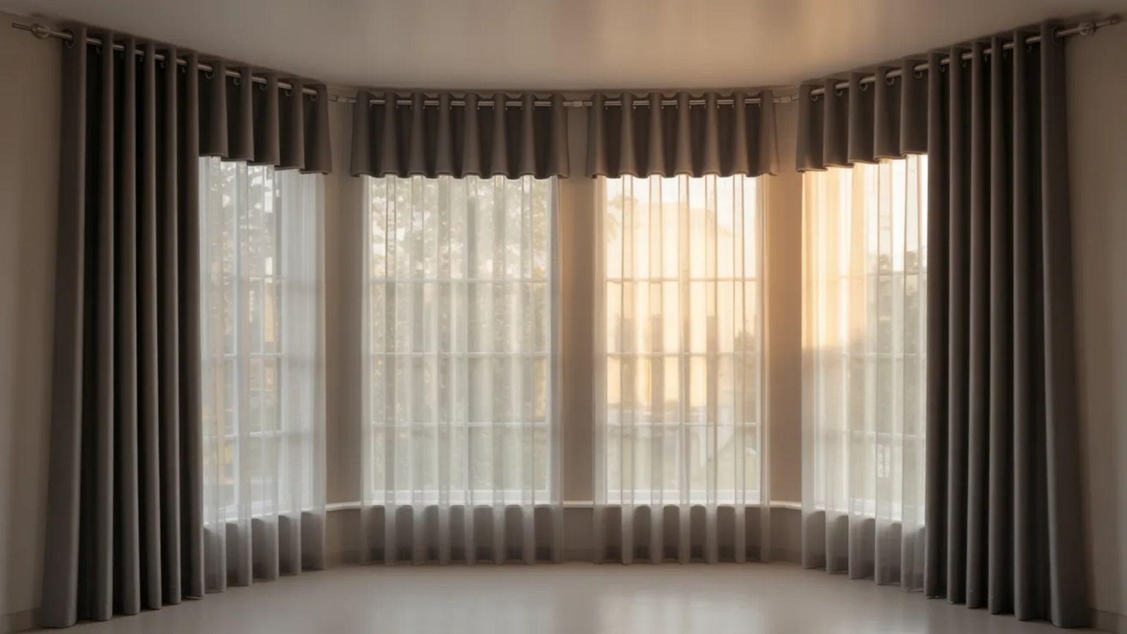 A room with large bay windows framed by dark gray curtains and sheer white drapes. Soft, warm sunlight streams in, creating a serene atmosphere.