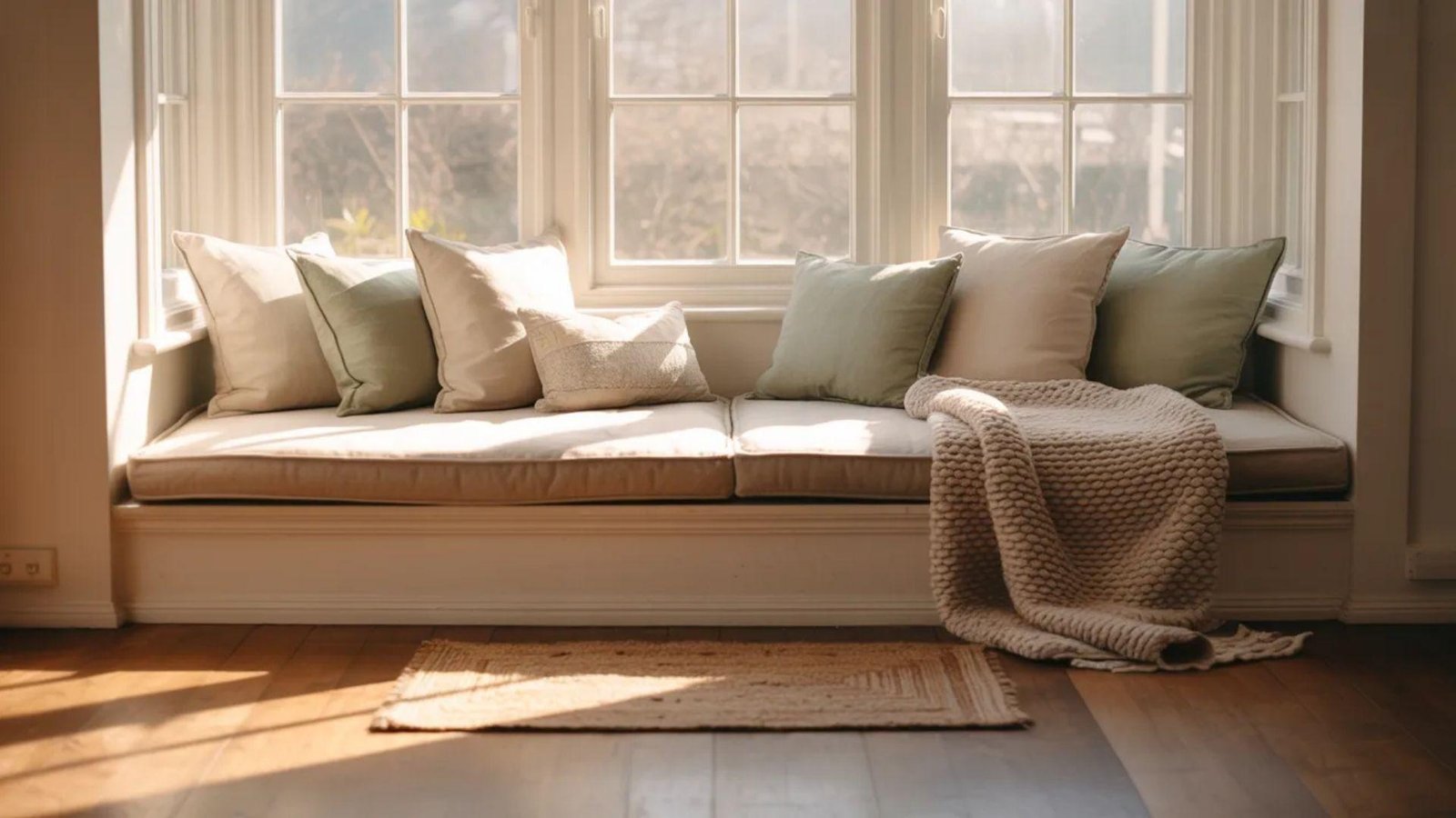 A cozy window seat with several pillows in soft green and beige hues. A knitted blanket is draped over the seat, under warm sunlight, creating a serene atmosphere.