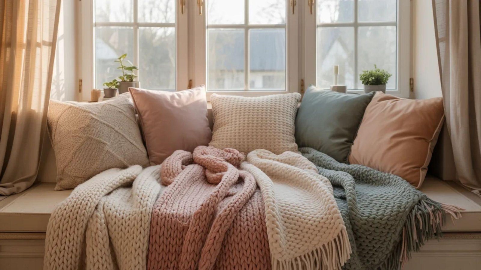 Cozy window nook with soft, knitted blankets and pillows in pastel shades. Sunlight filters through sheer curtains, creating a warm, inviting atmosphere.
