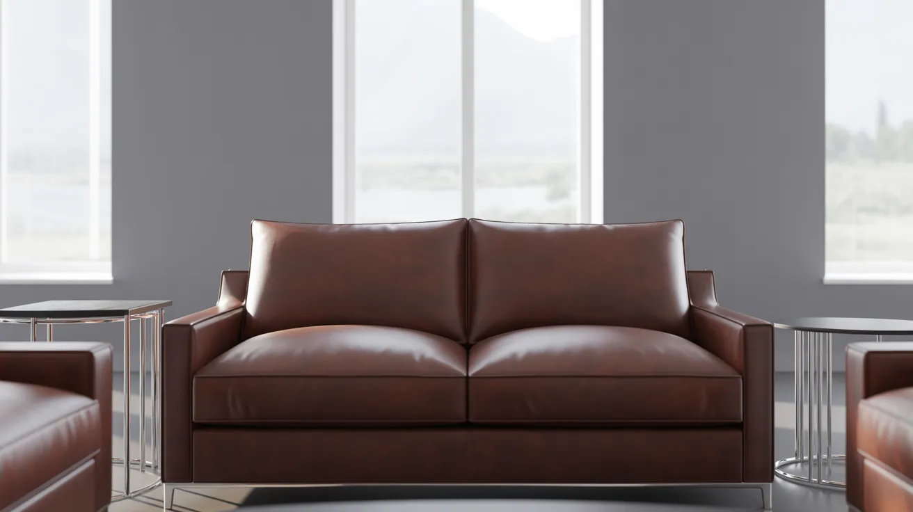 A sleek, dark brown leather sofa sits in a modern living room with a minimalist design. Large windows in the background brighten the space.