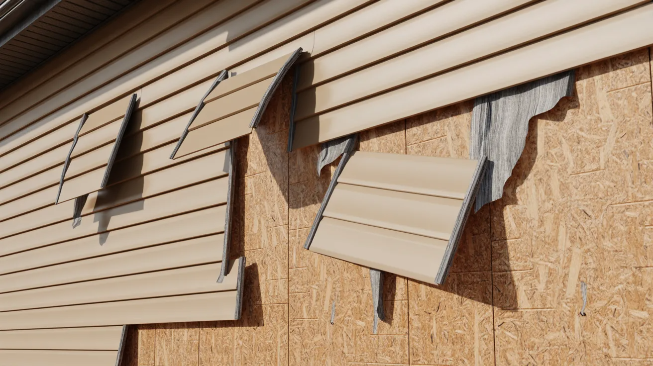 Damaged beige siding on a house reveals underlying plywood. The panels are bent and detached, suggesting severe weather damage. The tone is one of disrepair.