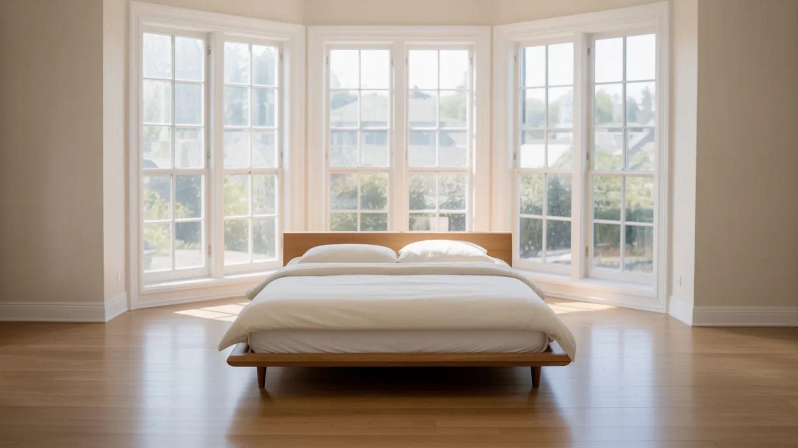 A minimalist bedroom features a low wooden bed with white bedding, centered in front of large bay windows. Sunlight streams in, creating a serene atmosphere.