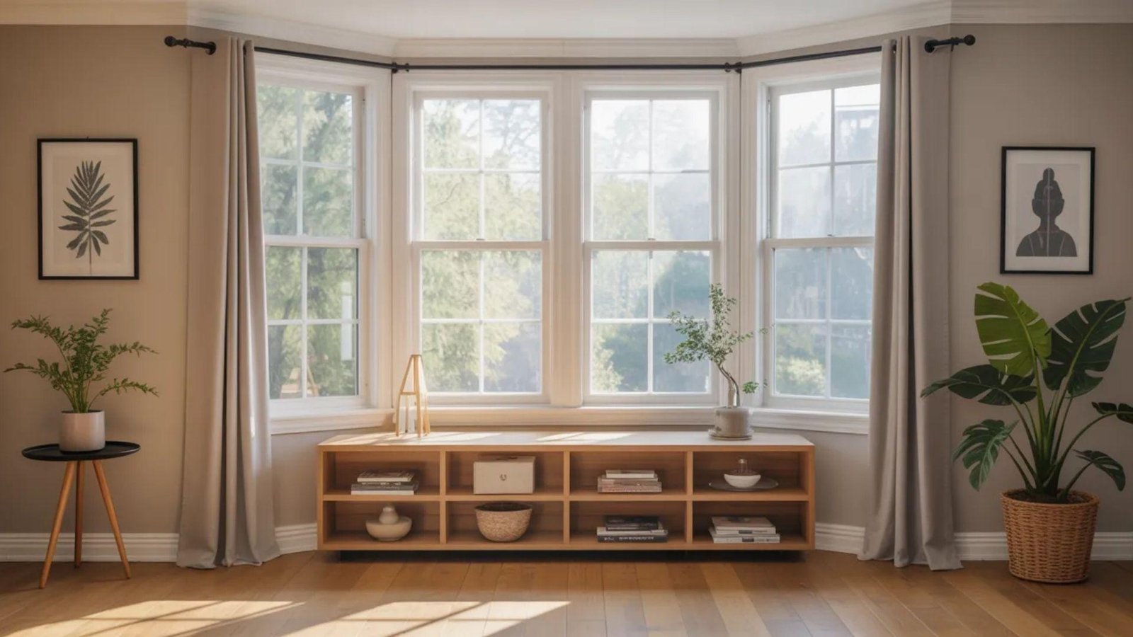 Bright room with large bay window framed by gray curtains. Wooden shelf holds decor and plants. Minimalist art and houseplants on either side. Cozy and serene.