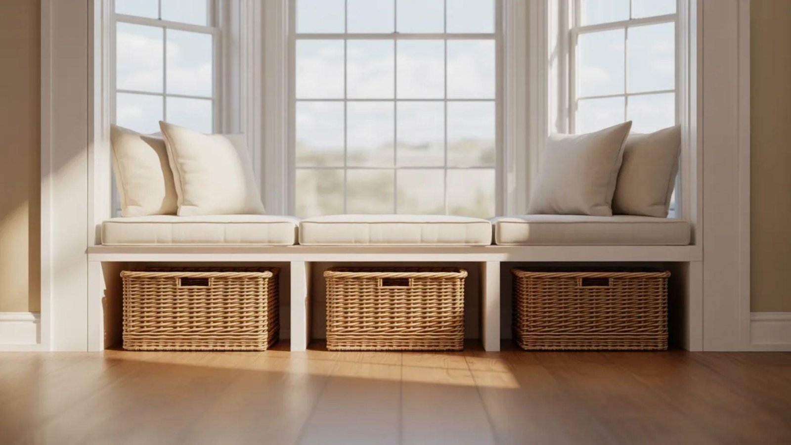 Cozy sunlit nook with a cushioned bench beneath a large, multi-paned window. Wicker baskets below, soft pillows on the bench. Bright and inviting ambiance.