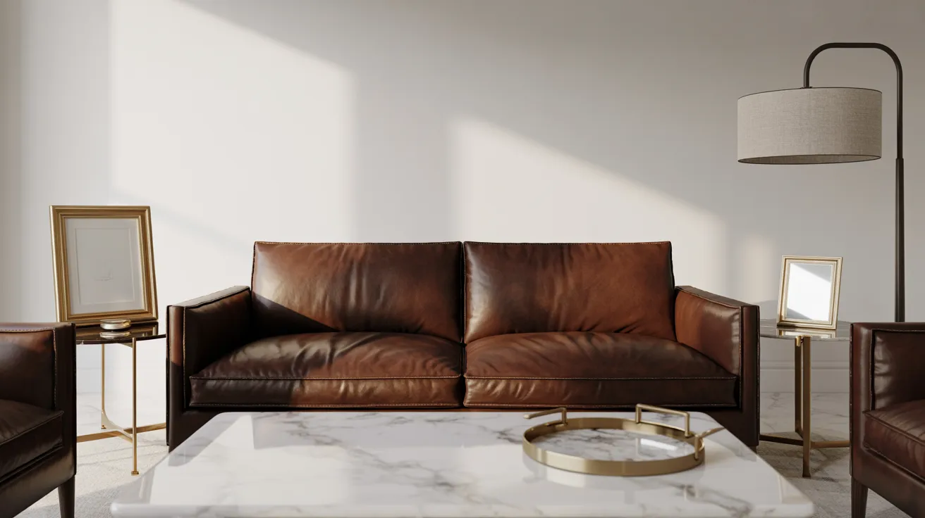 Elegant living room with a brown leather sofa, white marble coffee table, and gold accents. Soft lighting creates a warm, inviting atmosphere.
