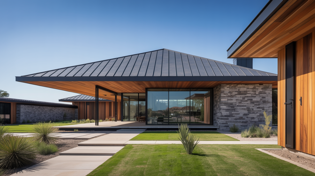 Modern house with a sleek metal roof, wooden siding, and large glass windows. Minimalist landscaping with green grass and scattered desert plants under a clear sky.