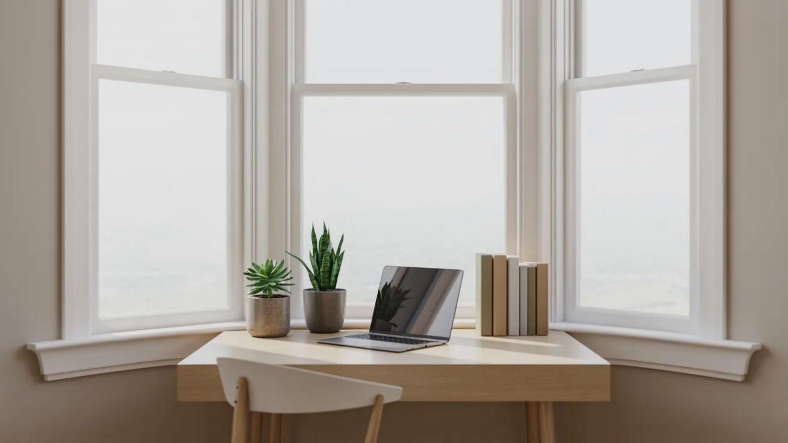A minimalist workspace by a bay window with a wooden desk holding a laptop, two small potted plants, and a stack of books, conveying a calm atmosphere.