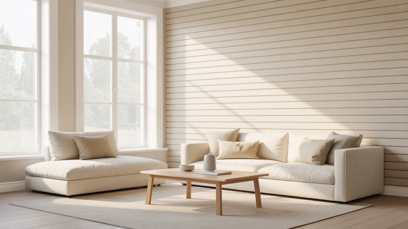 A minimalist living room with beige sofas, a wooden coffee table, and neutral decor. Sunlight streams through large windows, creating a tranquil ambiance.