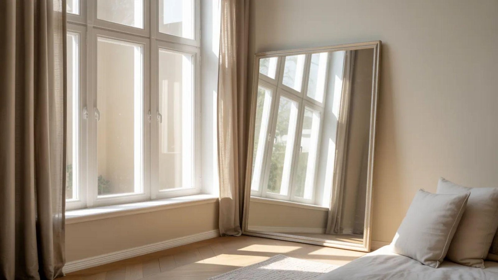 Sunlit room with large windows draped in beige curtains. A tall mirror reflects the light, leaning against the beige wall. A bed with white pillows evokes calmness.