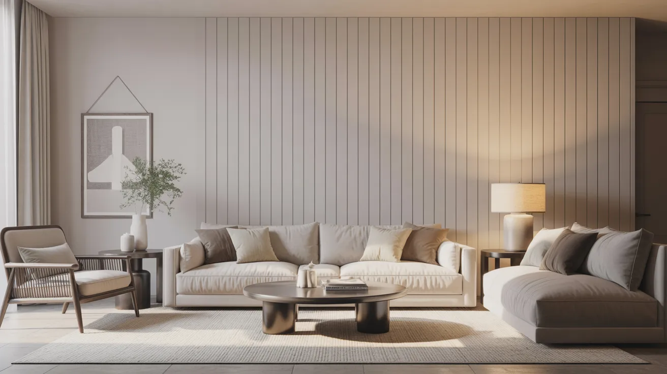 A serene living room with neutral tones features a cream sofa, matching chaise, and a cozy armchair. A round coffee table and soft lighting add warmth.