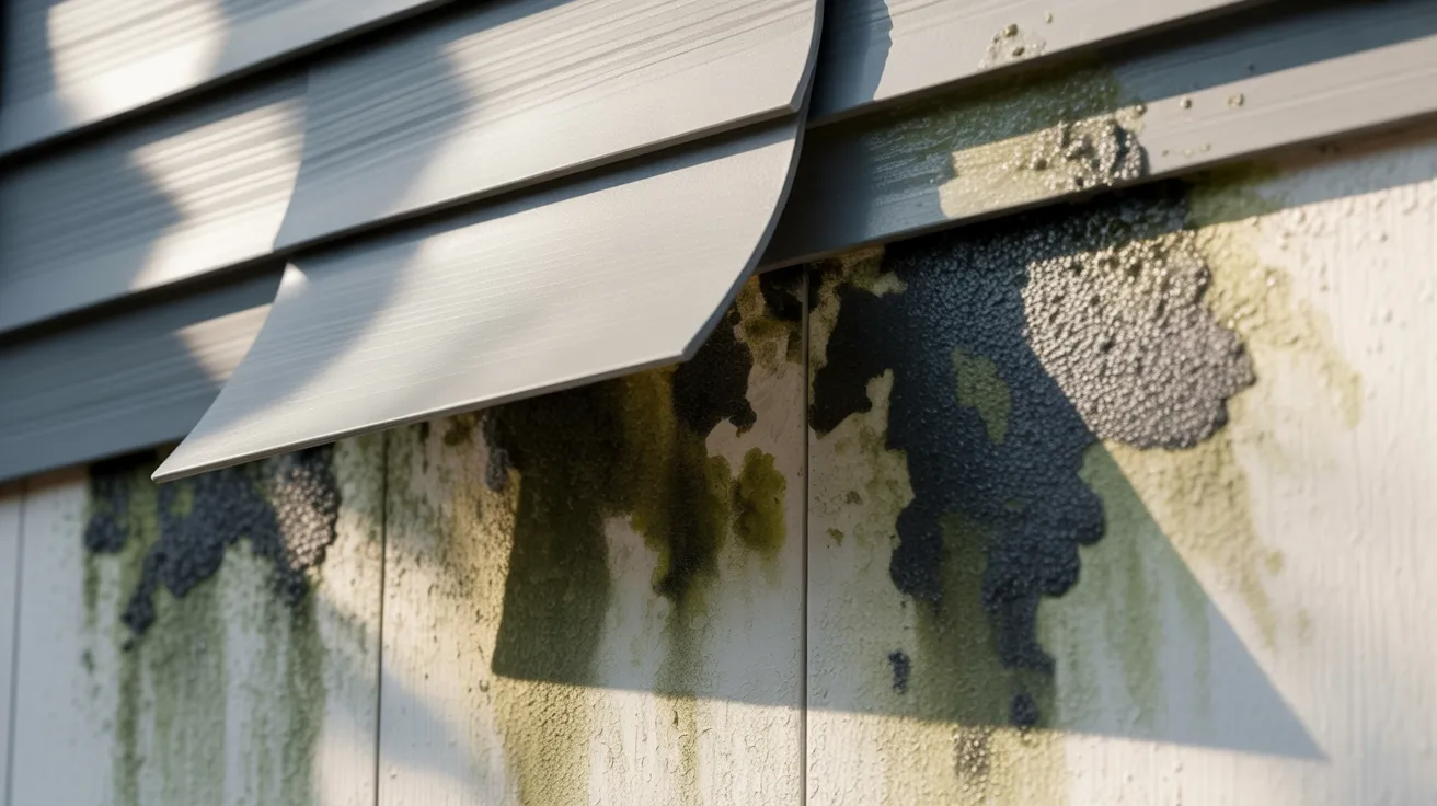 Close-up of a house exterior shows lifted siding with visible black mold and green mildew stains underneath, conveying neglect and decay.