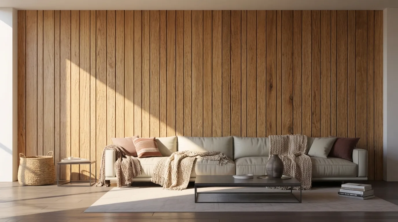 A sunlit living room with a beige sofa against a wooden panel wall, adorned with cozy blankets and cushions. A woven basket and books add warmth and elegance.