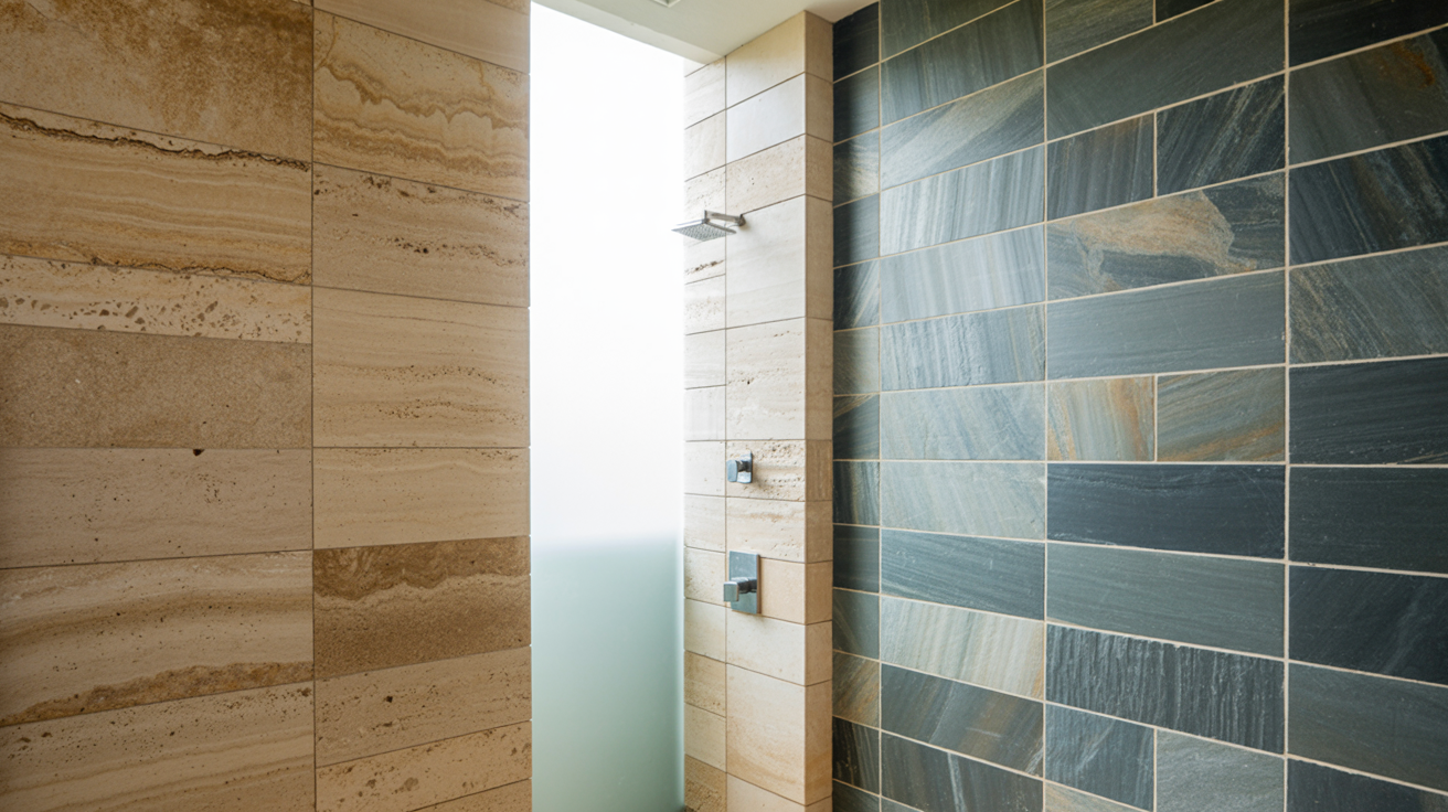 Modern shower with frosted glass window, light beige stone tiles on the left, and textured gray tiles on the right. Sleek, minimalist shower fixtures.