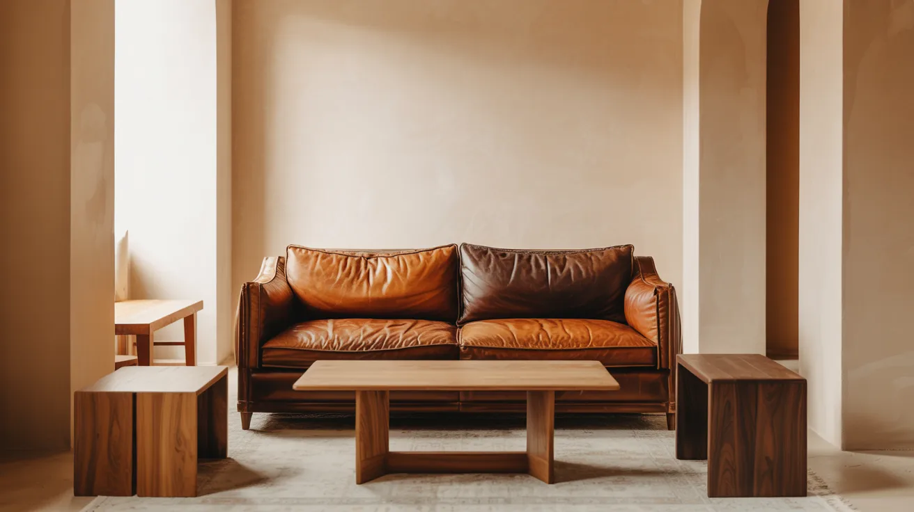 Minimalist room with a brown leather sofa, flanked by wooden side tables, and a matching coffee table on a light rug, creating a warm, cozy ambiance.