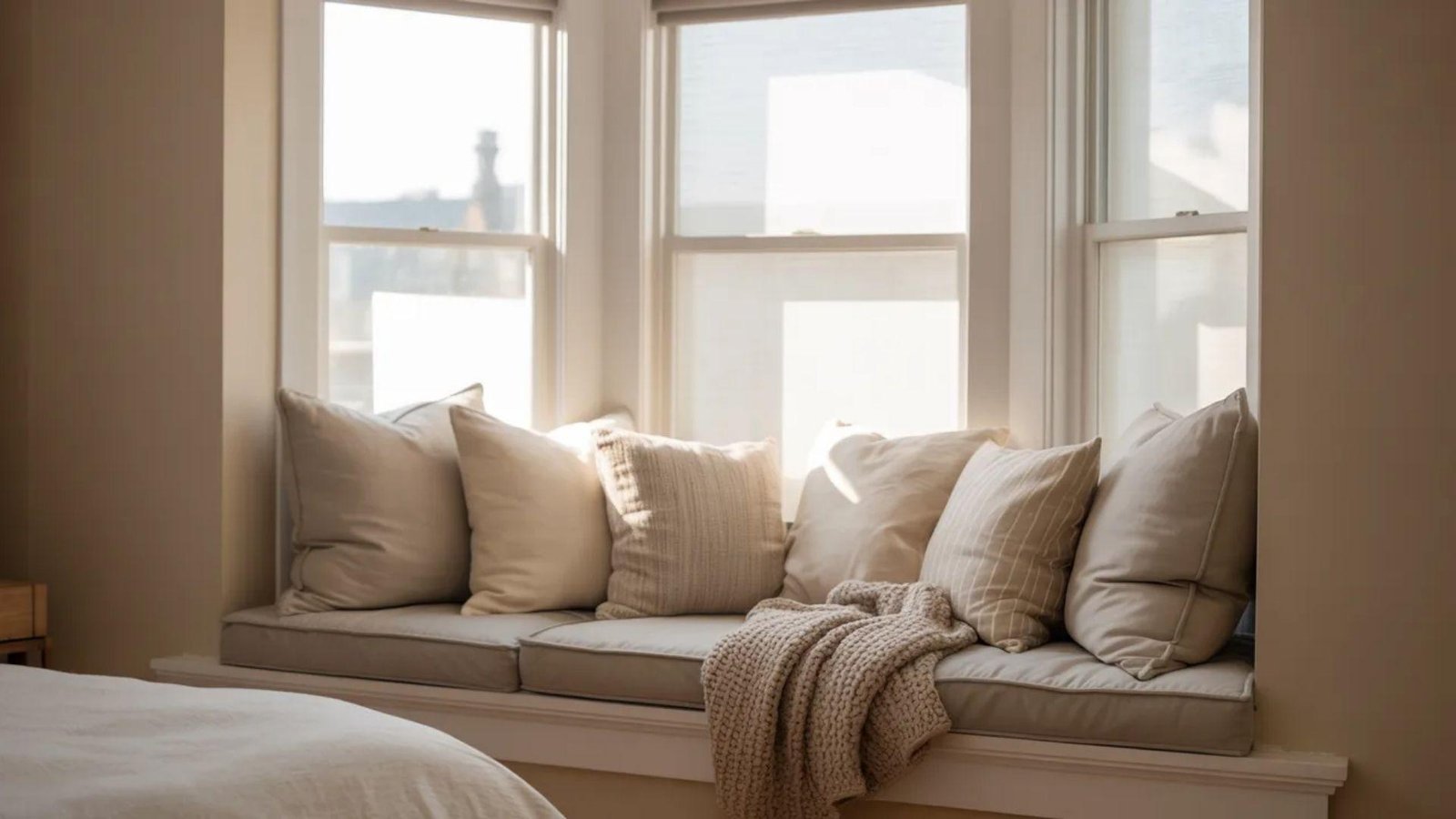 Cozy window seat with soft cushions and a beige throw blanket, bathed in warm sunlight from large windows, creating a serene and inviting ambiance.