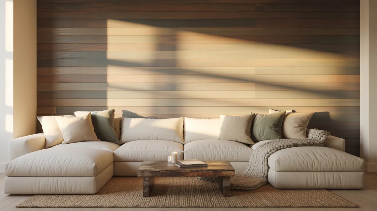 A cozy living room with a large beige sectional sofa, cream and olive cushions, a rustic wood coffee table, and warm sunlight on a wood-paneled wall.