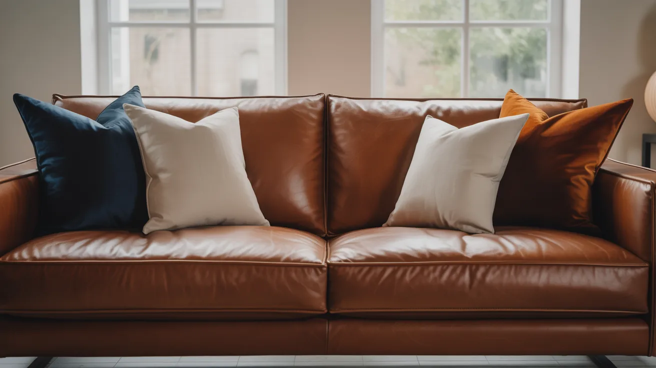 A brown leather sofa with four cushions: blue, two white, and orange. The backdrop shows large windows with soft natural light filtering in. Cozy and inviting.