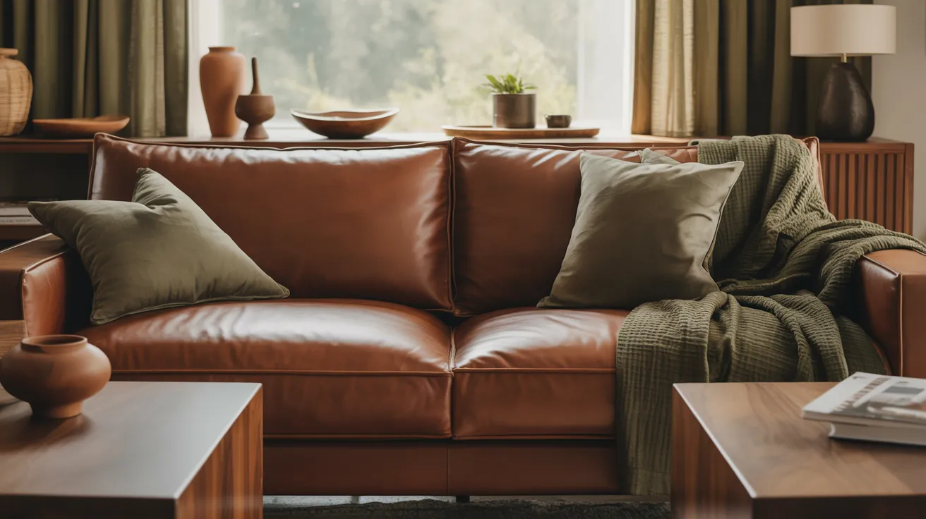 A cozy living room with a brown leather sofa adorned with green cushions and a draped throw. Wooden tables, potted plants, and soft lighting enhance the warm, inviting atmosphere.