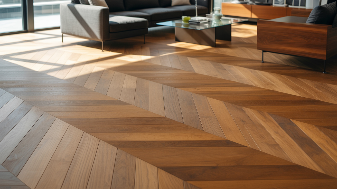Modern living room with chevron-patterned wooden floor, gray sofa, and glass coffee table. Sunlight creates warm, inviting ambiance.